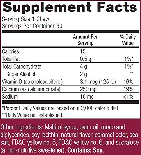 Bariatric Advantage Calcium Citrate Chewy Bites 250mg with Vitamin D3 for Bariatric Surgery Patients Including Gastric Bypass and Sleeve Gastrectomy, Sugar Free - Caramel Flavor, 60 Count