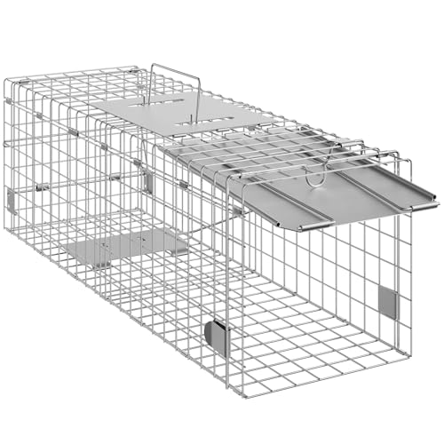 VEVOR Live Animal Cage Trap, 24" x 8" x 8" Humane Cat Trap Galvanized Iron, Folding Animal Trap with Handle for Rabbits, Stray Cats, Squirrels, Raccoons, Groundhogs and Opossums