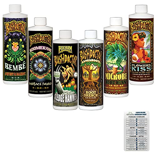 Fox Farm Bush Doctor Liquid Plant Nutrients: Kangaroots, Microbe Brew, Sledgehammer, Flowers Kiss, Bembe, Boomerang (Pack of 6-16 oz Bottles) 1 Pint Each + Twin Canaries Chart