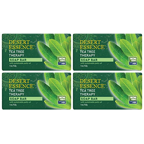 Desert Essence Tea Tree Therapy Cleansing Soap Bar 5 oz (4 Pack) Gluten Free, Vegan, Non-GMO - With Sustainably Harvested Palm Oil & Jojoba to Gently Cleanse & Nourish Skin; Good for Sensitive Skin