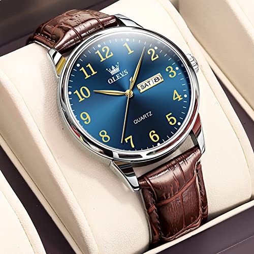 OLEVS Brown Men Watches Blue Big Dial Leather Analog Mens Watch Casual Luminous Easy Reader Watches for Elderly Three Hands Dress Watch Day and Date Impermeable Male Watch for Fathers Gifts