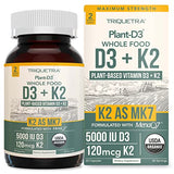 Organic Plant D3 + K2 | 5000 iu D3 + 120 mcg K2 as All-Trans MK7 from MenaQ7® - 100% Whole Food, Raw & Vegan | Enhanced Digestion with Prebiotic & Superfood Complex – D3 from Organic Algae (60 Count)