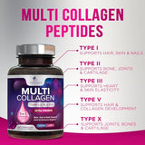 Multi Collagen Complex Pills - Type I, II, III, V, X, Grass Fed & Non-GMO Hydrolyzed Collagen Peptides Supplement - Supports Hair, Nails, Skin & Joint Health, Gluten-Free, Paleo & Keto - 240 Capsules