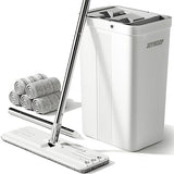 JOYMOOP Mop and Bucket with Wringer Set, White Flat Squeeze Mop Bucket Set for Floor Cleaning, Wet Dry Mop for Walls, Wall Cleaner with Long Handle, Hardwood Floor Mop-5 Microfiber Cloths