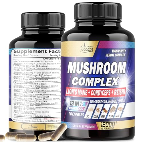 12000mg Mushroom Complex Supplements for 3-Month Supply - Brain Health, Immune System, Memory & Energy Production - 13in1 With Lions Mane Mushroom, Bacopa, Reishi & More - 90 Vegan Capsules