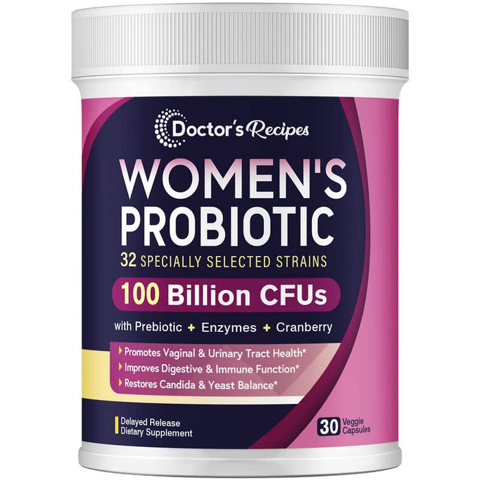 Doctor's Recipes Probiotics for Women, 100 Billion CFU 32 Strains, with Prebiotic Fiber, Enzymes & Cranberry, Vaginal Urinary Digestive & Immune, No Yeast, Shelf Stable, Delayed Release, 30 Caps