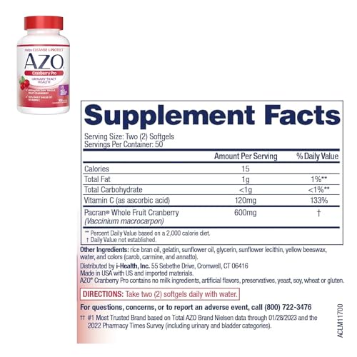 AZO Cranberry Pro Urinary Tract Health Supplement 600mg PACRAN, 1 Serving = More Than 1 Glass of Cranberry Juice 100 CT + Urinary Tract Infection (UTI) Test Strips, Accurate Results in 2 Minutes, 3 CT