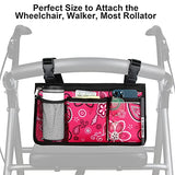 Update Flower Color Wheelchair Bag Side Organizer Storage Armrest Pouch with Cup Holder and Reflective Stripe Use Waterproof Fabric, for Most Wheelchairs, Walkers or Rollators (Red Floral)