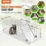 VEVOR Live Animal Cage Trap, 24" x 8" x 8" Humane Cat Trap Galvanized Iron, Folding Animal Trap with Handle for Rabbits, Stray Cats, Squirrels, Raccoons, Groundhogs and Opossums