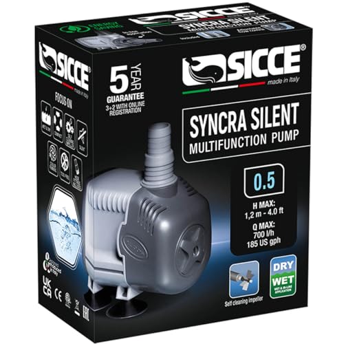 SICCE Syncra Silent 0.5 Multifunction 185 GPH Submersible Water Pump | Italian Made 8W Ultra Quiet Durable for Aquarium Fish Tank, Fountain, Pond, Hydroponics, Terrarium Black | Freshwater & Saltwater