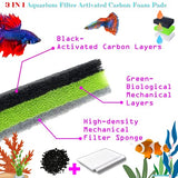 3IN1 Aquarium Filter Sponge Foam Pads - Filter Media For 20 Gallon Betta Fish Tank Supplies, Brine Shrimp Coarse Sponge Bio Filter Sheet - Filter Sponge Accessories (Plus Activated Carbon)