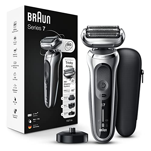 Braun Series 7 360 Flex Head Electric Shaver with Beard Trimmer for Men, Rechargeable, Wet & Dry with Charging Stand & Travel Case, Silver Black