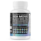 Sea Moss 3500mg Black Seed Oil 3000mg Ashwagandha 1500mg Turmeric 1000mg Bladderwrack 1000mg Burdock 1000mg, Vitamin C & D3 with ACV Chlorophyll Elderberry Manuka Dandelion Yellow Dock Vegan Caps USA