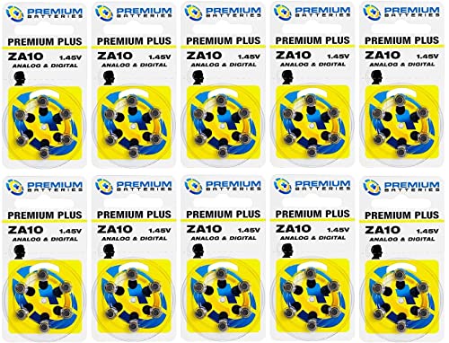 Premium Batteries Size 10 1.45V Hearing Aid Battery Yellow Tab (60 Batteries)