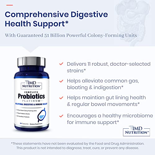 1MD Complete Probiotics Platinum | Supports Digestive Health | with Nourishing Prebiotics, 51 Billion Live CFU, 11 Strains, Dairy-Free | 30 Vegetable Capsules (2-Pack)