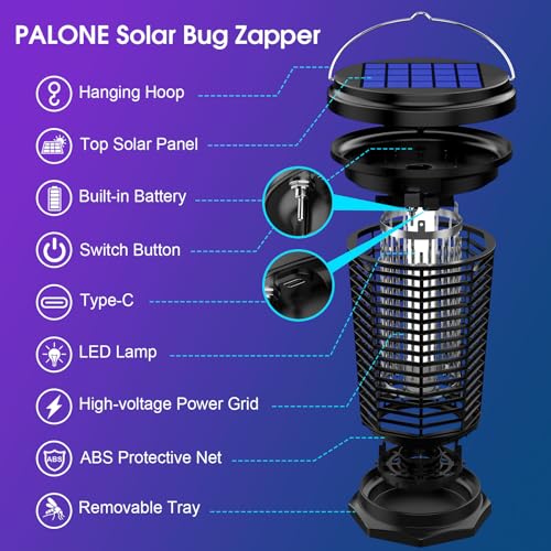 Solar Bug Zapper for Outdoor & Indoor, USB Rechargeable Mosquito Killer Lamp with UV Light, 4500V Electric Fly Traps, Insect Zapper for Patio, Home, Backyard, Garden, Camping