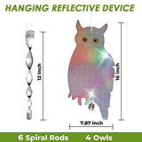 Dyvicl Fake Owl Hanging Reflective Owl for Woodpecker Deterrent 4 Pack, Bonus 6 Reflective Scare Spiral Rods