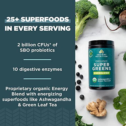 Ancient Nutrition Supergreens Energizer Powder, Organic Superfood Powder with Caffeine, Made from Real Fruits, Vegetables and Herbs, for Digestive and Energy Support, 25 Servings, 7.5oz