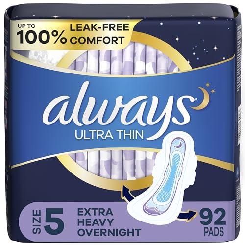 Always Ultra Thin Feminine Pads for Women, Size 5, Extra Heavy, Overnight Absorbency with Wings, 46 Count x 2 (92 Count Total)
