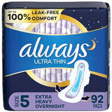 Always Ultra Thin Feminine Pads for Women, Size 5, Extra Heavy, Overnight Absorbency with Wings, 46 Count x 2 (92 Count Total)