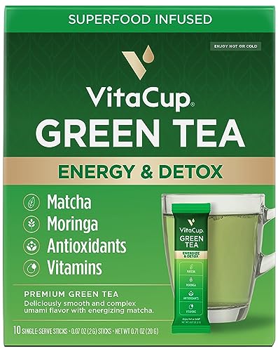 VitaCup Green Tea Instant Packets, Enhance Energy & Detox with Matcha, Moringa, B Vitamins, D3, Fiber, Keto, Paleo, Vegan in Tea Powder Single Serving Sticks, 10 Ct