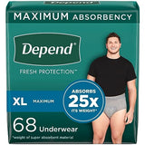 Depend Fresh Protection Adult Incontinence Underwear for Men (Formerly Depend Fit-Flex), Disposable, Maximum, Extra-Large, Grey, 68 Count (2 Packs of 34), Packaging May Vary