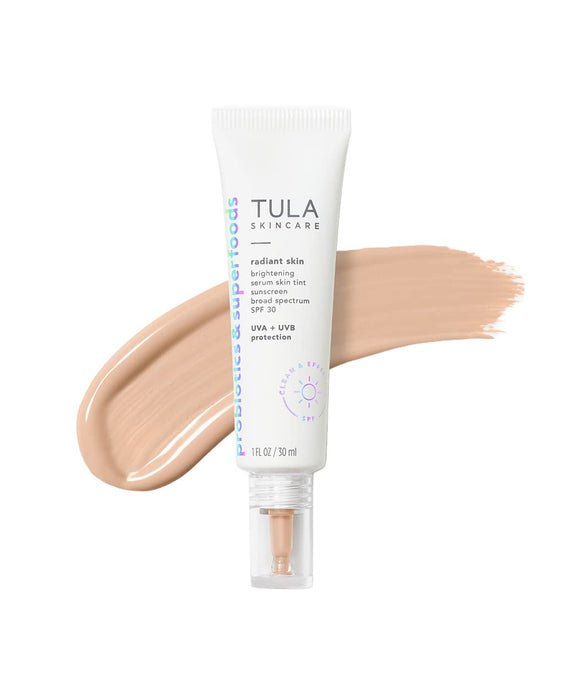 TULA Skin Care Radiant Skin Brightening Serum Skin Tint SPF-Facial Sunscreen Provides Broad Spectrum SPF 30 Protection, Tinted, Serum-Light Formula Brightens and Evens Skin-Shade 05, 1.0 fl oz.