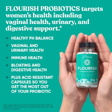 Flourish Probiotics + Prebiotics for Women – Gut and Digestion, Urinary Tract, Reduce Bloating, Vaginal Health – 18 Clinically Proven Strains, 14 Billion CFU – 30 Shelf-Stable Mini Vegan Capsules