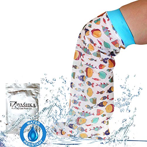 Kids Cast Cover for Showering Foot –Waterproof Reusable Cast Protector for Toddlers and Little Kids Cute Design with Fishes – Toddler-Little Kid Size