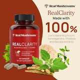 Real Mushrooms RealClarity Mushroom Powder Capsules - Brain Supplement with KSM-66 Ashwagandha Extract for Mental Clarity, Focus - Organic Lions Mane Capsules Focus Supplements for Adults, 60ct