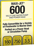 Marineland Maxi-Jet 600, Multi-Use Water Pump And Power Head, Fully Convertible (ML90510), 160/750 GPH