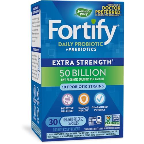 Nature's Way Fortify Daily Probiotic + Prebiotic for Men and Women, 50 Billion Live Cultures, Extra Strength Digestive and Immune Health Support* Supplement, 30 Capsules