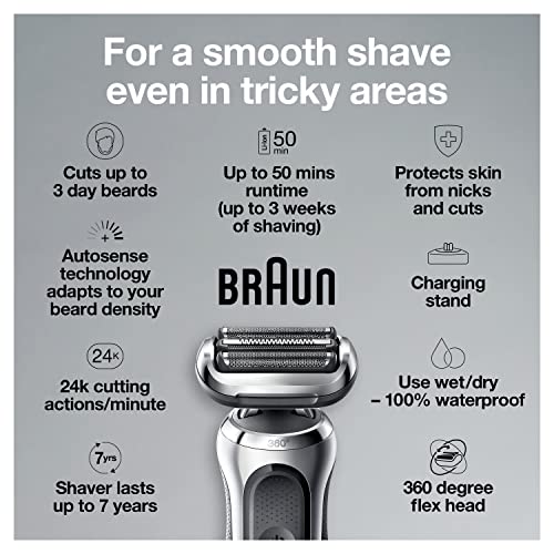 Braun Series 7 360 Flex Head Electric Shaver with Beard Trimmer for Men, Rechargeable, Wet & Dry with Charging Stand & Travel Case, Silver Black