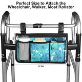 Update Flower Color Wheelchair Bag Side Organizer Storage Armrest Pouch with Cup Holder and Reflective Stripe Use Waterproof Fabric, for Most Wheelchairs, Walkers or Rollators (Blue Floral)