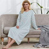 Keyocean Nightgowns for Women with Pockets, All Cotton Soft Lightweight Long Sleeve Ladies Sleepwear for Elderly, Green Floral, X-Large