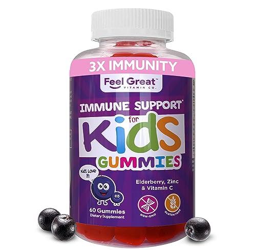 Feel Great Immune Support for Kids | Vitamin C Zinc & Elderberry Gummies for Kids | Sambucus Nigra Immunity Multivitamin for Kids | Vegetarian Multivitamin Gummies | 30 Day Supply