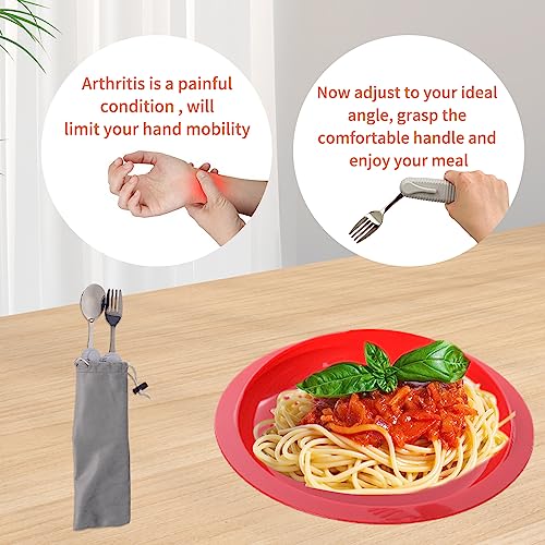 Pekokavo Adaptive Utensils Set, Angle Adjustable Arthritis Aid Silverware for Parkinsons, Hand Tremors, with Non-Slip Easy Grip Handle (4 Count (2 Spoon + 2 Fork))