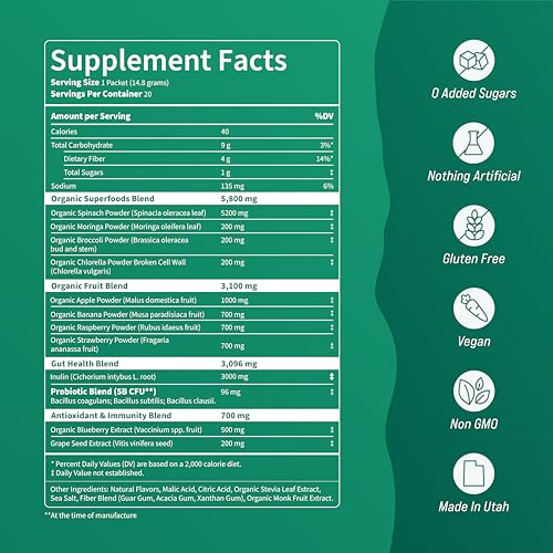 Nello Supergreens Premium Superfood Greens Drink Mix w/Chlorella, Moringa, Spinach & Broccoli + Digestive Enzymes & Probiotic Blend -Nutrient-Packed Powder Wellness (Apple Pear, 20 SRV, Travel Pack)