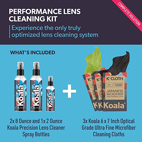 Koala Eyeglass Lens Cleaner Spray Kit | (2x) 8 oz + (1x) 2 oz Glasses Cleaner Bottle + 3 Microfiber Cloth | Alcohol Free Screen and Camera Cleaning Kit (6 Piece Set)