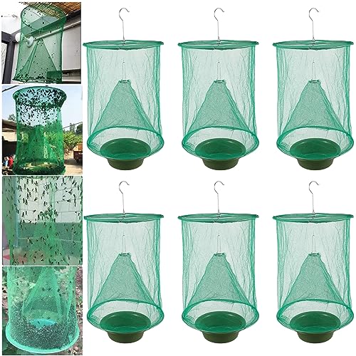 Ranch Fly Traps Outdoor Hanging Stable Fly Trap Reusable Fly Killer Cage Fly Catcher Bag with Bait Tray,Fly Repellent for Outdoor and Indoor Hanging Farms,Stable,Garden,Orchard,Park (6 Pack)