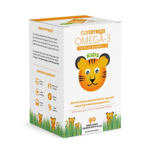 Coromega Kids Omega 3 Fish Oil Supplement, 650mg of Omega-3s, Tropical Orange + Vitamin D, 90 Single Serve Squeeze Packets