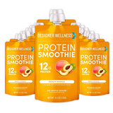 Designer Wellness Protein Smoothie, Real Fruit, 12g Protein, Low Carb, Zero Added Sugar, Gluten-Free, Non-GMO, No Artificial Colors or Flavors, Peach Mango, 12 Count