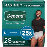 Depend Fresh Protection Adult Incontinence Underwear for Men (Formerly Depend Fit-Flex), Disposable, Maximum, Large, Grey, 28 Count, Packaging May Vary