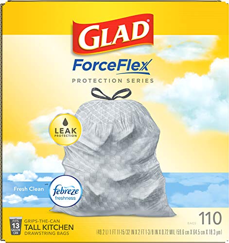 Glad ForceFlex Tall Kitchen Drawstring Trash Bags, 13 Gal, Fresh Clean Scent with Febreze, 110 Ct