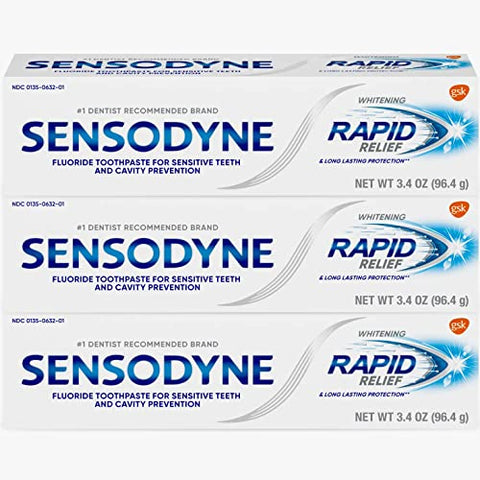 Sensodyne Fluoride Whitening Toothpaste, Rapid Relief and Long Lasting Protection, for Sensitive Skin, 3.4 Ounce (Pack of 3)