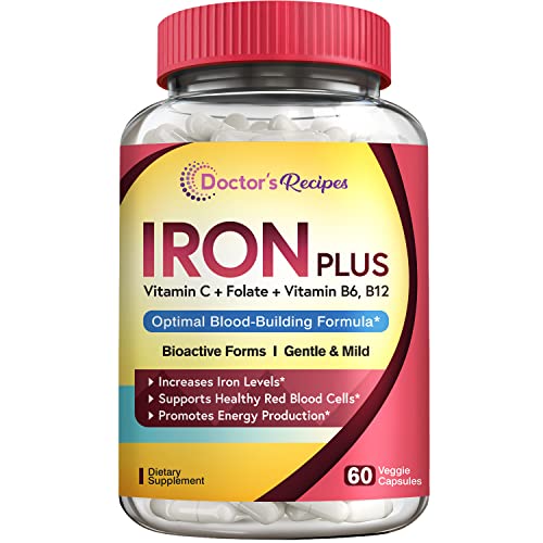 Doctor's Recipes Iron Supplement, with Vitamin C, B6, Folate & B12, Non-Constipating, Gentle Iron Pills for Iron Deficiency, Blood & Energy Support, 60 Vegan Capsules