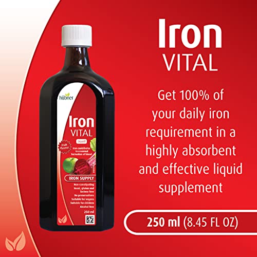 Hübner Iron Vital Liquid Iron Supply Plus Vitamin C, Dietary Supplement for Adults and Kids, Vegan and Gluten-Free, Fruit Flavor, 250 ml Bottle, 25 Servings