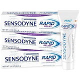 Sensodyne Rapid Relief Toothpaste for Sensitive Teeth, Mint with Fluoride, Adult Sensitive Toothpaste for Painful Teeth and Gums, Long Lasting Protection, 3.4 oz (Pack of 3)