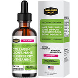 Collagen Mojo Liquid Collagen Peptides with Lions Mane Mushroom, Elderberry & L-Theanine – High Potency/Absorption Formula. Hair, Skin, Nail + Joint Support. Promote Focus & Boost Immunity 2 Oz.