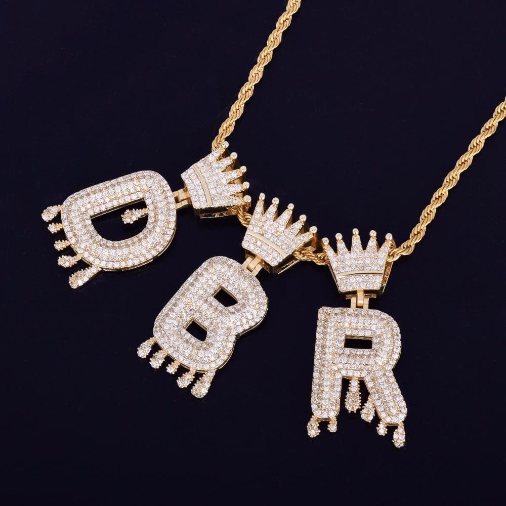 Crown Bail Drip Initials Bubble Letters Chain Necklaces & Pendant For Men Women Gold Color Cubic Zircon Hip Hop Jewelry